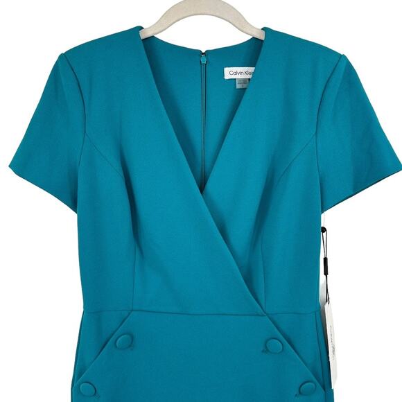 CALVIN KLEIN Short Sleeve Side Button-Trim Career Sheath Dress Teal - Size 4 NWT - Picture 4 of 11